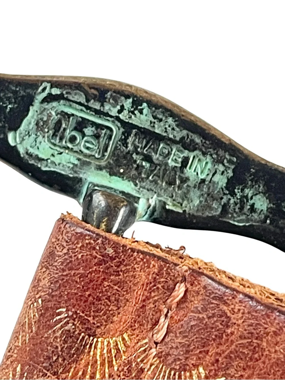 Streets Ahead Cognac Leather Belt Square Patina Buckle Boho Vintage 90s Size M/L